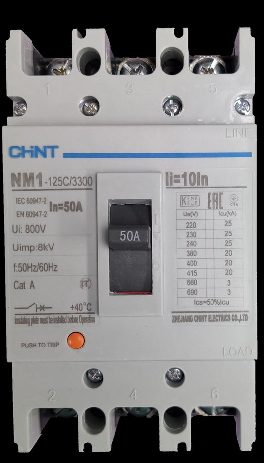 Chint 50A 3 Pole Industrial Circuit Breaker NM1 125C 3300 with 800V rating and push to trip button