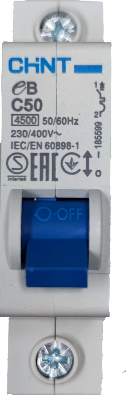 CHINT 50A circuit breaker with blue switch for electrical circuitry and parts