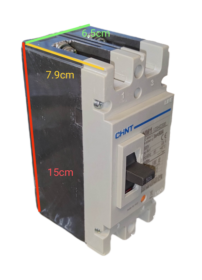 Chint 50A industrial circuit breaker with clear labeling and dimensions for installation guidance