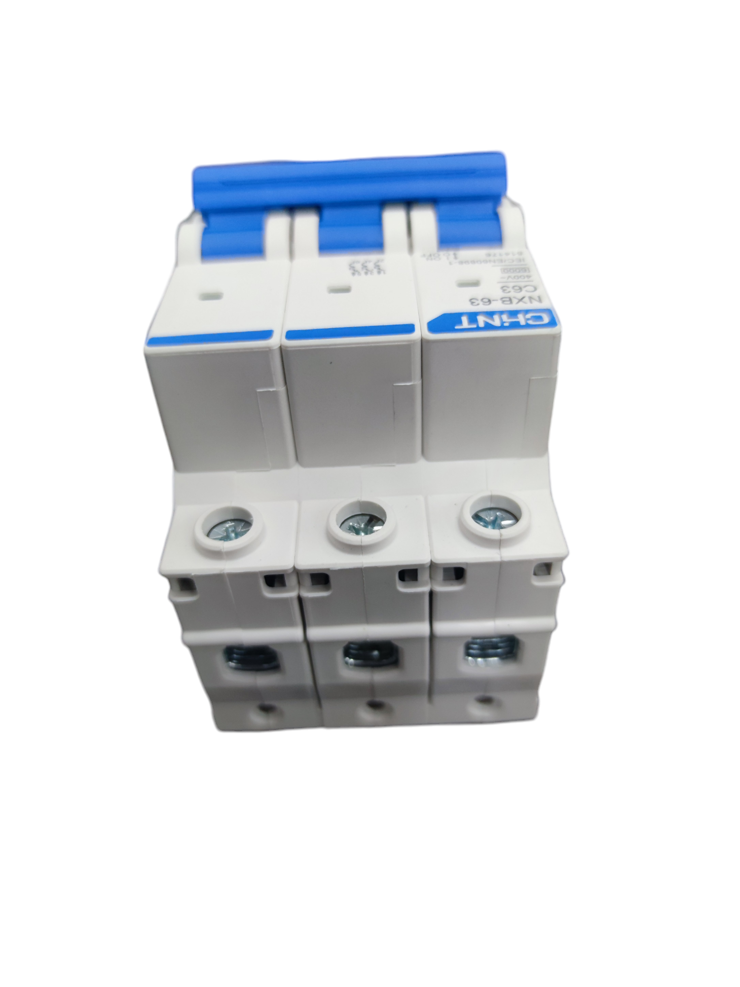 Chint 63A 3Pole Miniature Circuit Breaker with blue switches and white body for electrical safety