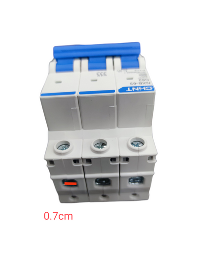 Chint 63A 3Pole Miniature Circuit Breaker with blue toggles and white casing for electrical protection