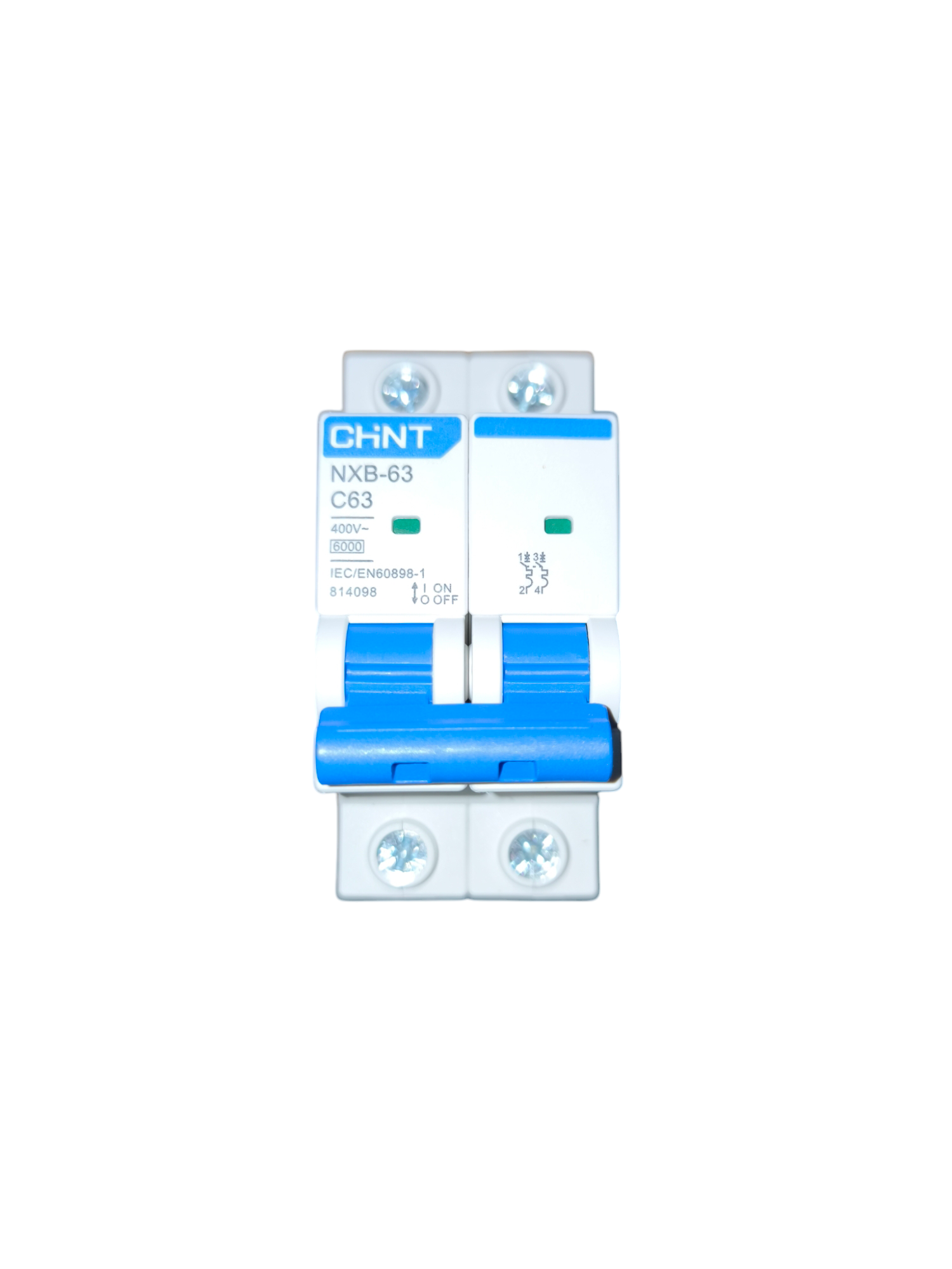 Chint two pole miniature circuit breaker with blue toggles 63A 6KAIC MCB NXB-63 C50 2P