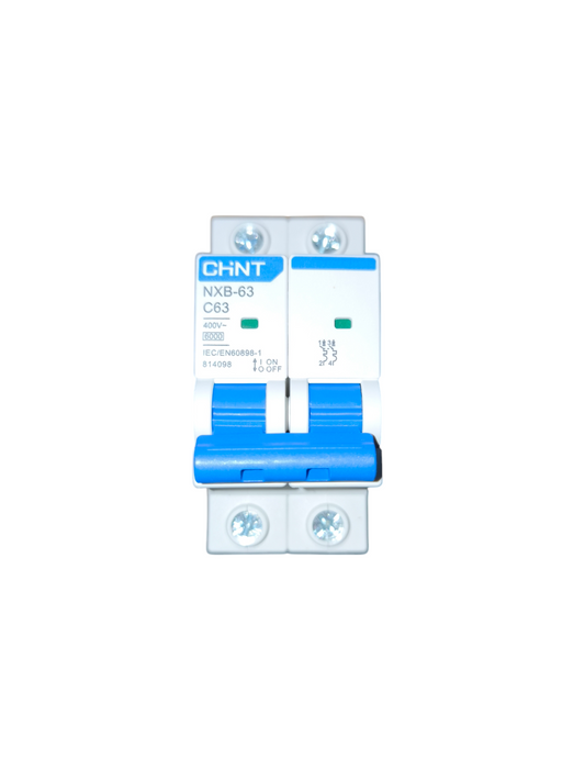 Chint two pole miniature circuit breaker with blue toggles 63A 6KAIC MCB NXB-63 C50 2P