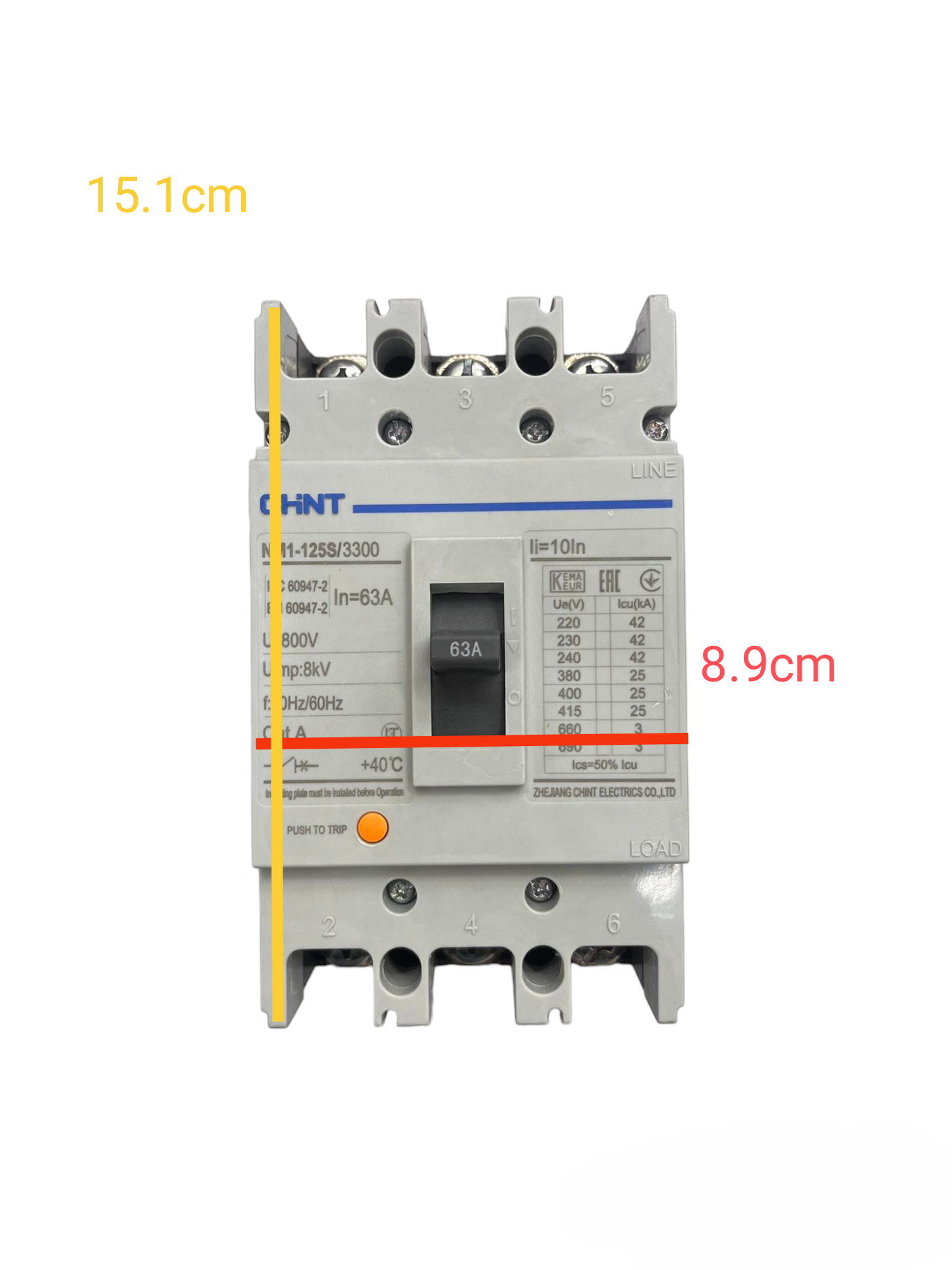 Chint 63A MCCB circuit breaker electrical component with compact design and detailed specifications