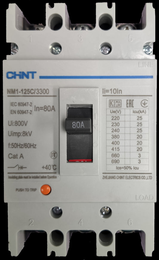 Chint 80A 3 pole circuit breaker with specifications for safe electrical insulation and protection