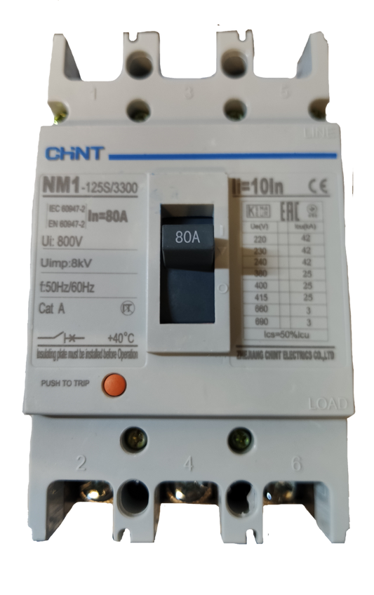 Chint 80A 3 Pole Industrial Circuit Breaker 3 Phase with white casing and black switch