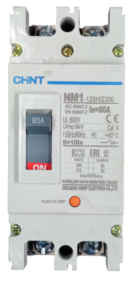 Chint 80A industrial circuit breaker NM1-125H 2300 with 80 amp rating and on off switch