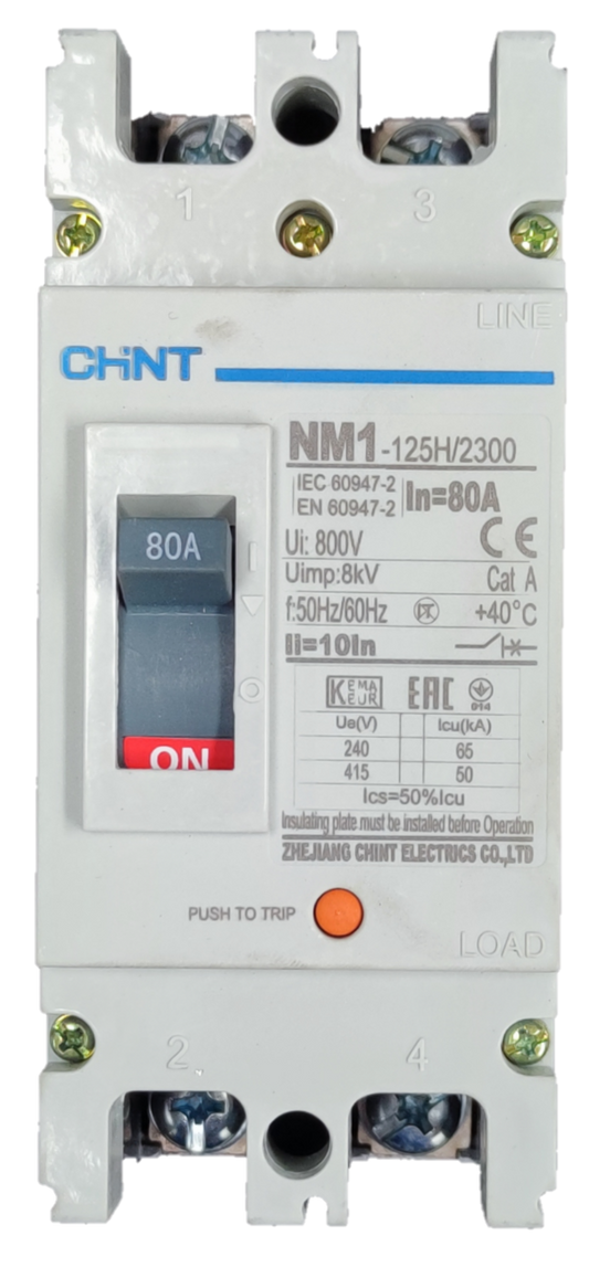Chint 80A industrial circuit breaker NM1-125H 2300 with 80 amp rating and on off switch