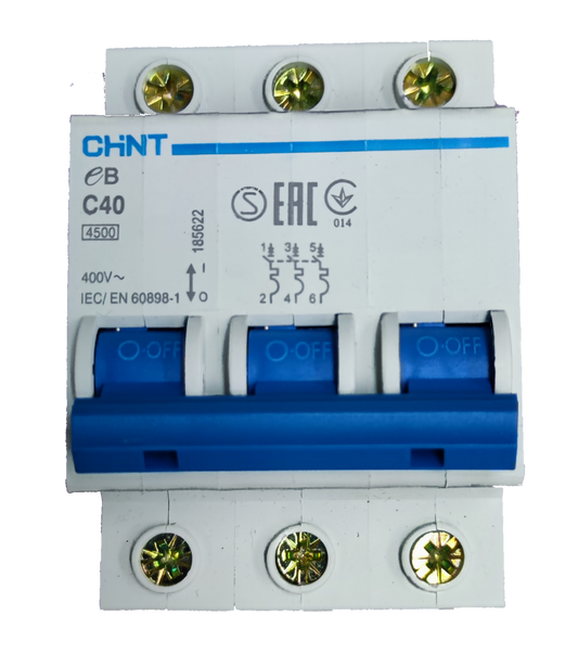 Chint 40A 3 pole circuit breaker. White and blue 3 pole breaker with ON OFF levers and brass terminal screws