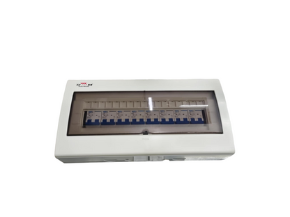 Chint panel board 125A 2 pole white distribution board with clear cover showing multiple blue circuit breakers