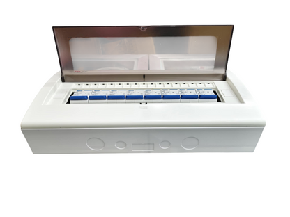 Chint panel board 125A 2 pole white distribution board with transparent hinged cover and multiple blue breakers