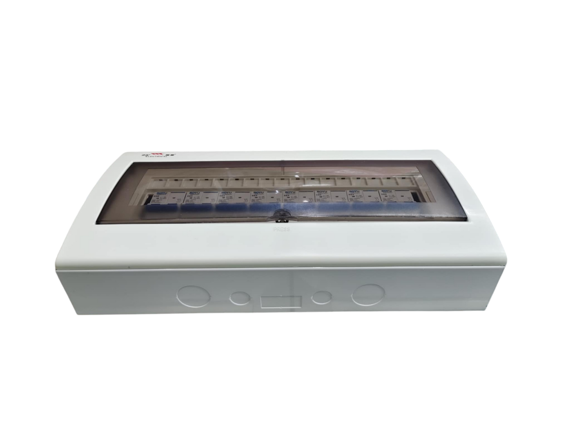 Chint panel board 125A 2 pole white plastic enclosure with transparent cover and row of circuit breakers