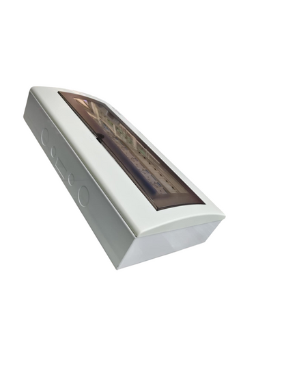 White surface mount distribution box with transparent cover showing breakers Chint panel board 125A 2 pole