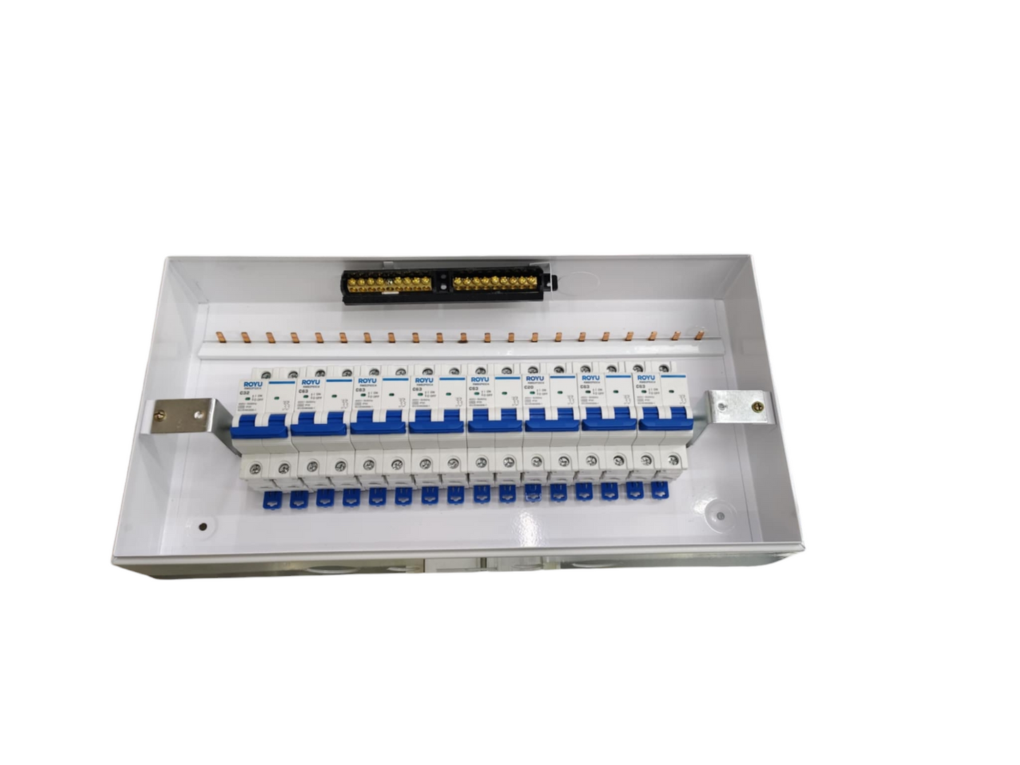 Chint panel board 125A 2 pole white distribution box with multiple blue MCBs on DIN rail
