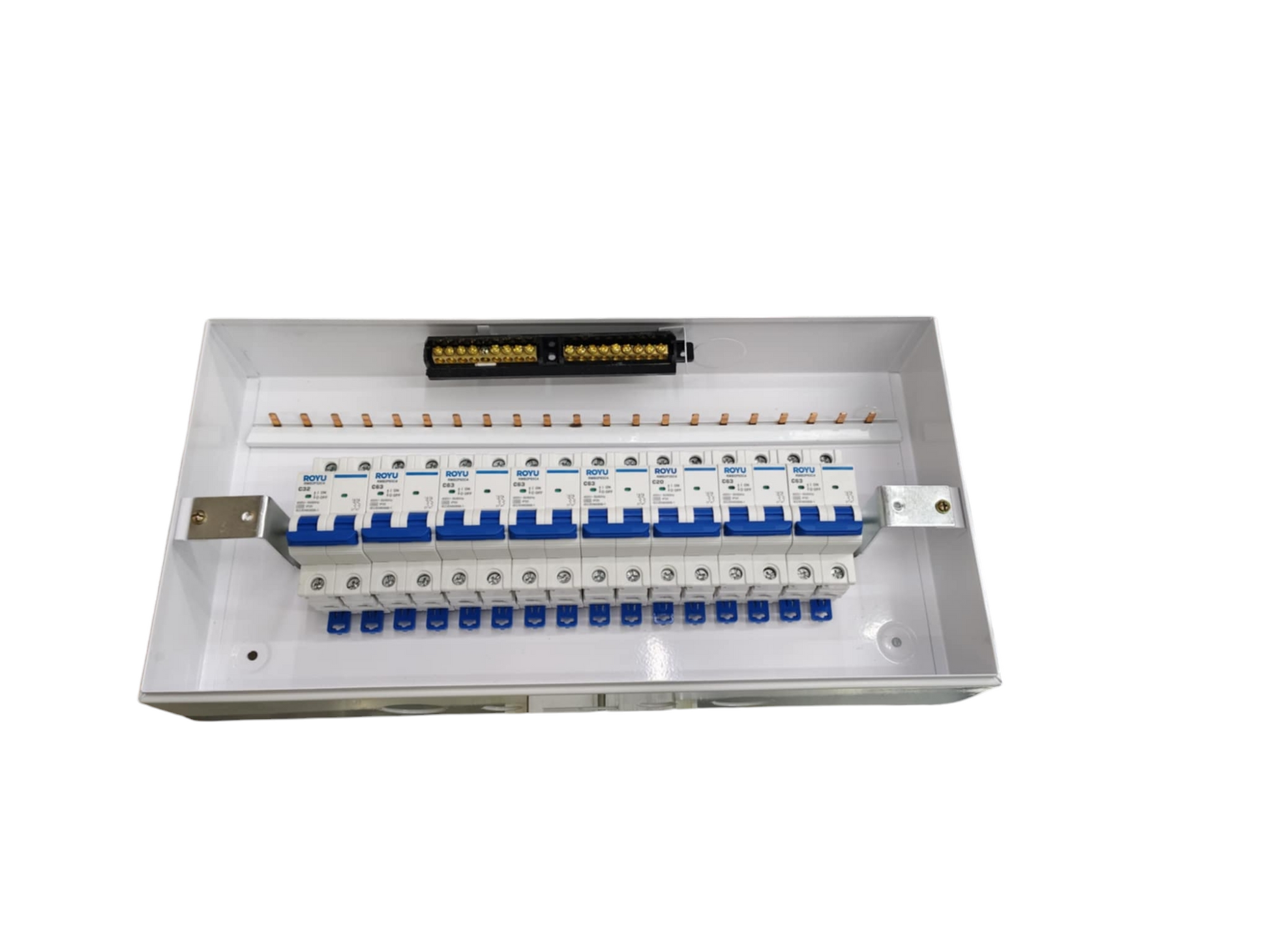 Chint panel board 125A 2 pole white distribution box with multiple blue MCBs on DIN rail