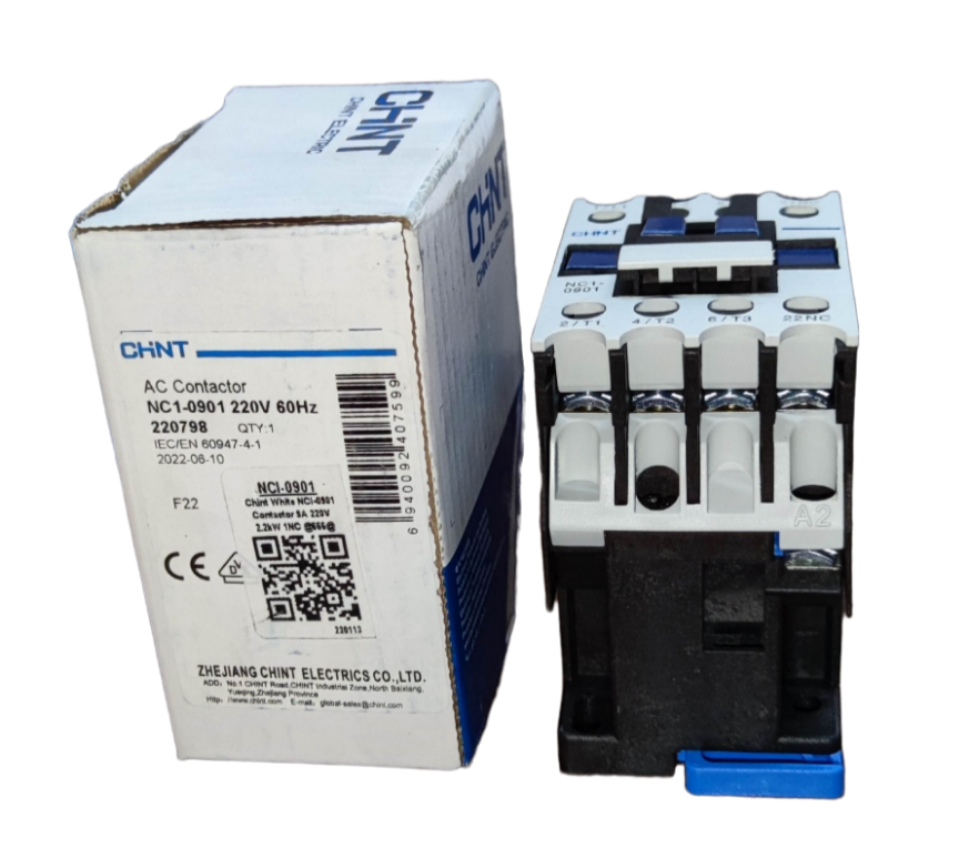 Chint Magnetic Contactor 25A 220V 1NC with white and black housing next to its branded packaging box