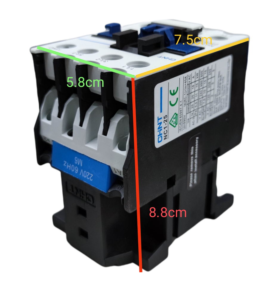 Chint magnetic contactor 45A showcasing dimensions in a sleek black design for electrical applications