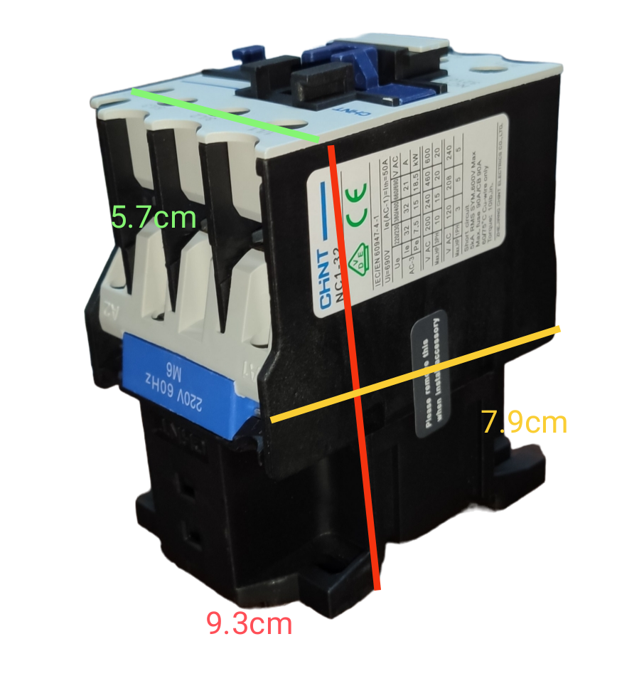 Chint Magnetic Contactor 50A 220V 1NO power switch with detailed dimension measurements