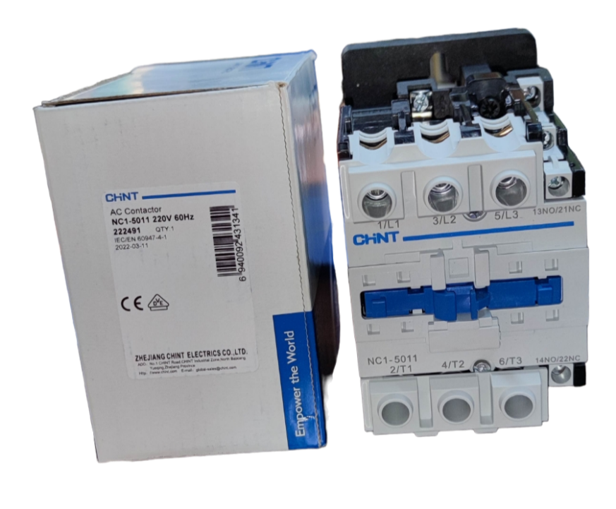 Chint Magnetic Contactor 80A 220V electrical switch next to its labeled white and blue box