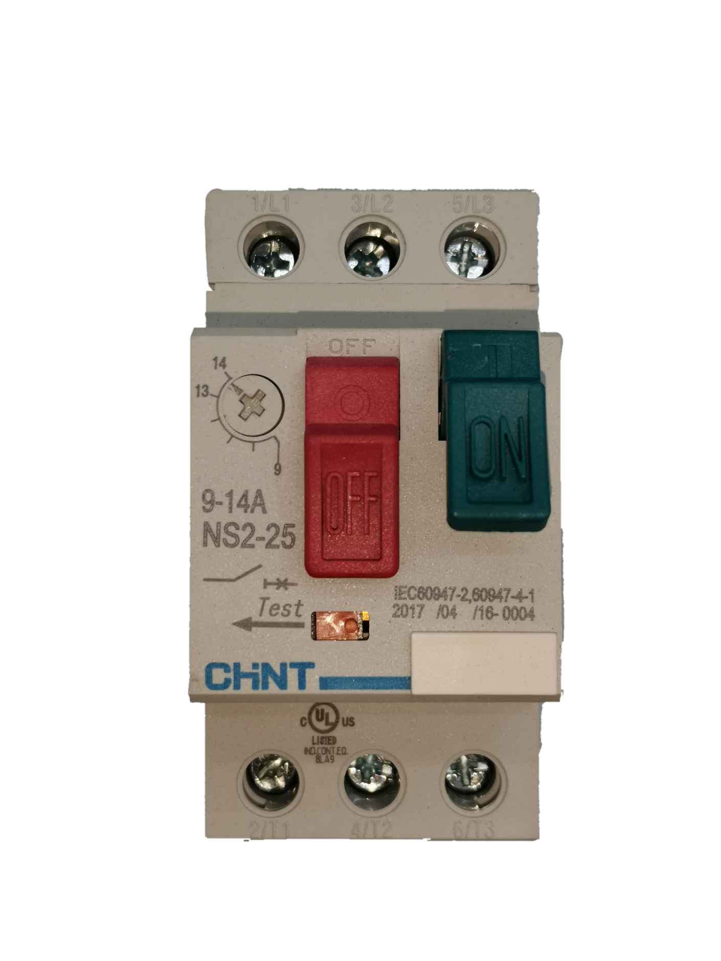 Chint Motor Protection Circuit Breaker 9-14A with red off and green on switches for electrical safety