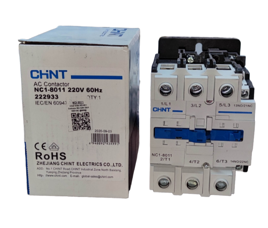 Chint AC Contactor NC1-8011 switch with operational current 80A 440V in white and blue with packaging box