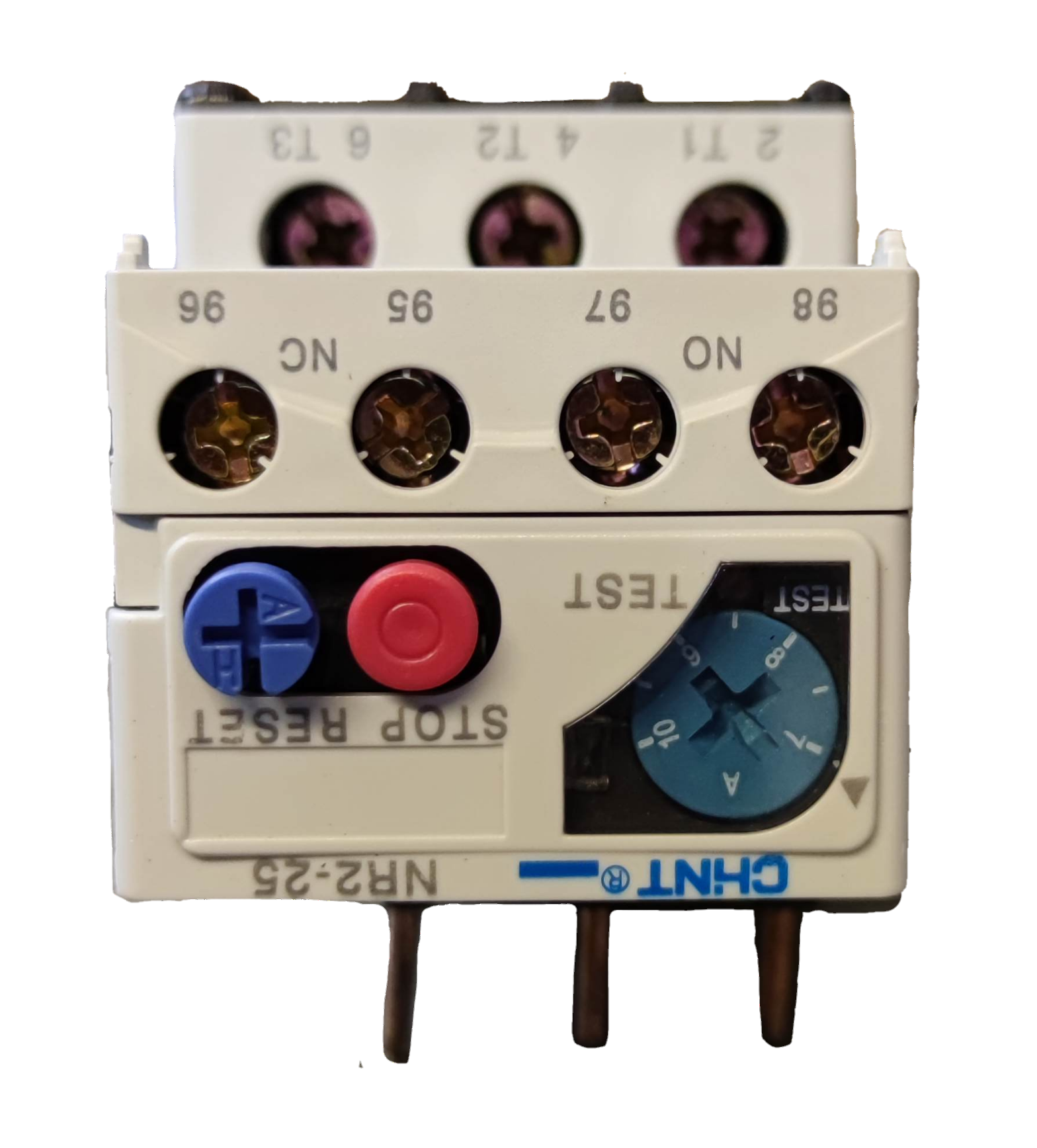 Chint Overload Relay NR2-25 with adjustable buttons and test features for electrical circuit protection