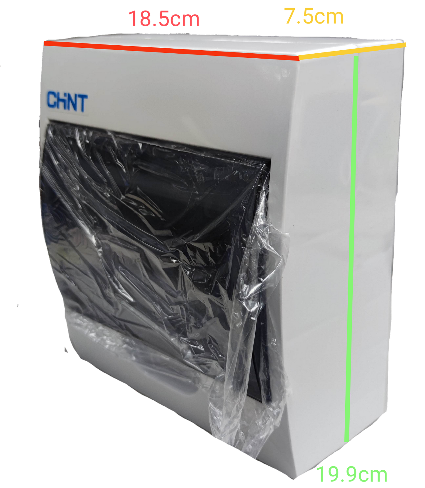 Chint 6 way panel board for safety switches with dimensions of 18.5cm x 7.5cm x 19.9cm