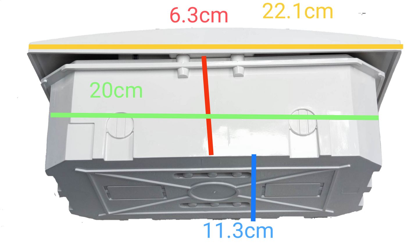 Chint white electrical enclosure underside with labeled mounting dimensions for distribution panel board 4 ways