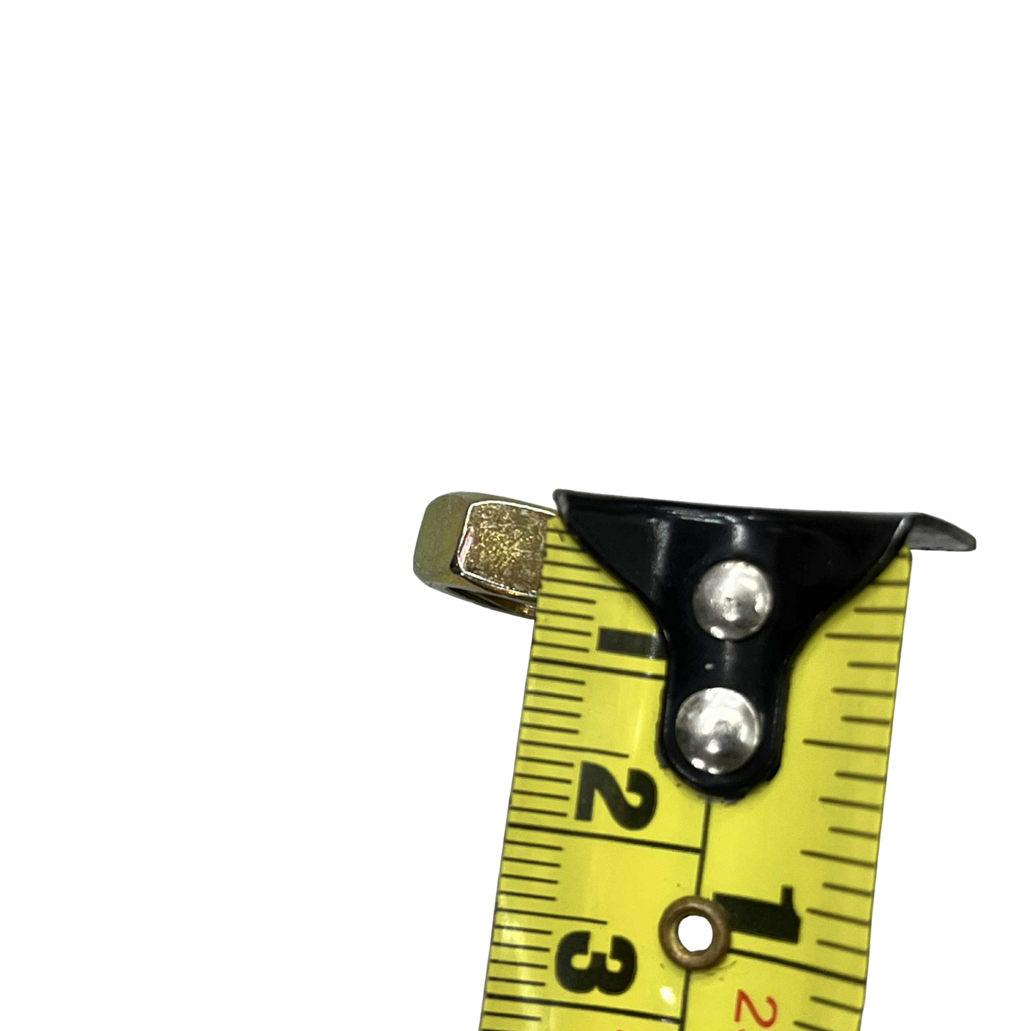 Close-up of a measuring tape showing a 10mm x 35mm chrome gold bolt for precise sizing