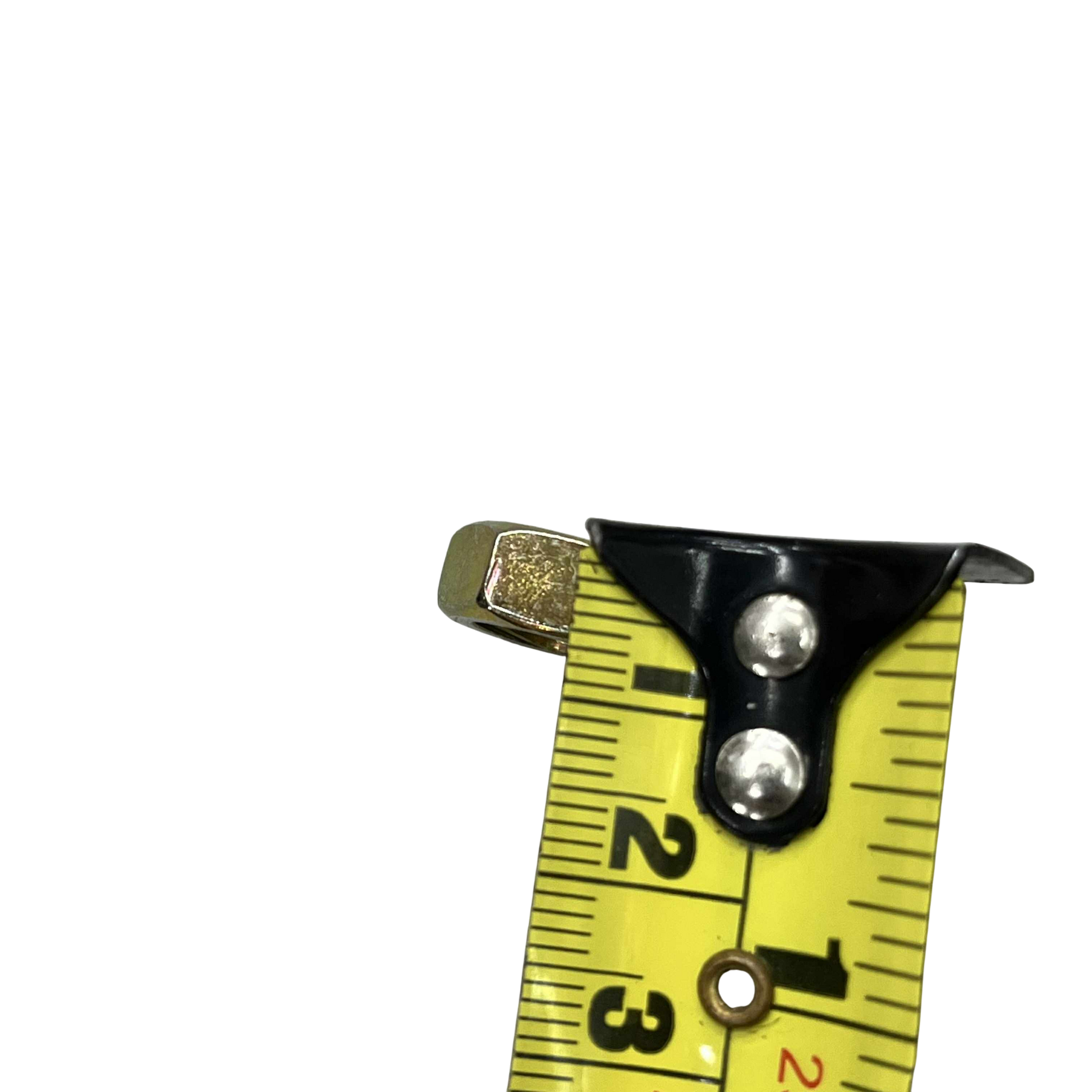 Close-up of a measuring tape showing a 10mm x 35mm chrome gold bolt for precise sizing