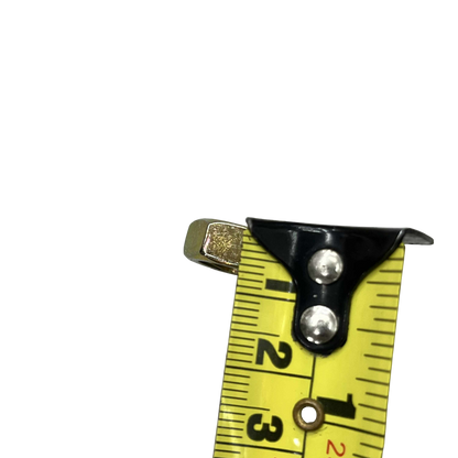 Close-up of a measuring tape showing a 10mm x 35mm chrome gold bolt for precise sizing