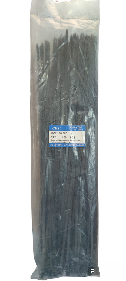 Grippes 15 Inches Cable Tie 5mm x 380mm black plastic zip ties in sealed packaging