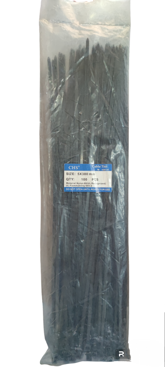 Grippes 15 Inches Cable Tie 5mm x 380mm black plastic zip ties in sealed packaging