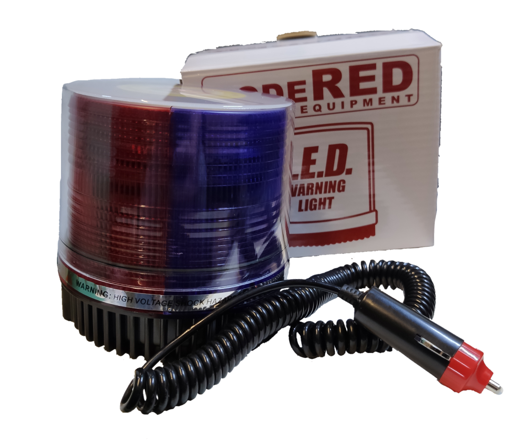 Code Red 12V 24V magnetic base emergency light with red and blue flashing LEDs and a power cord