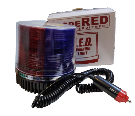 Code Red 12V 24V magnetic base emergency light with red and blue flashing LEDs and a power cord
