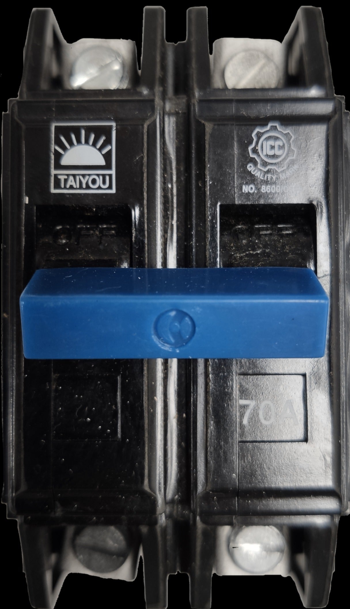 Taiyou Circuit Breaker 70A 2 Pole Bolt-on with blue switch handle for electrical protection
