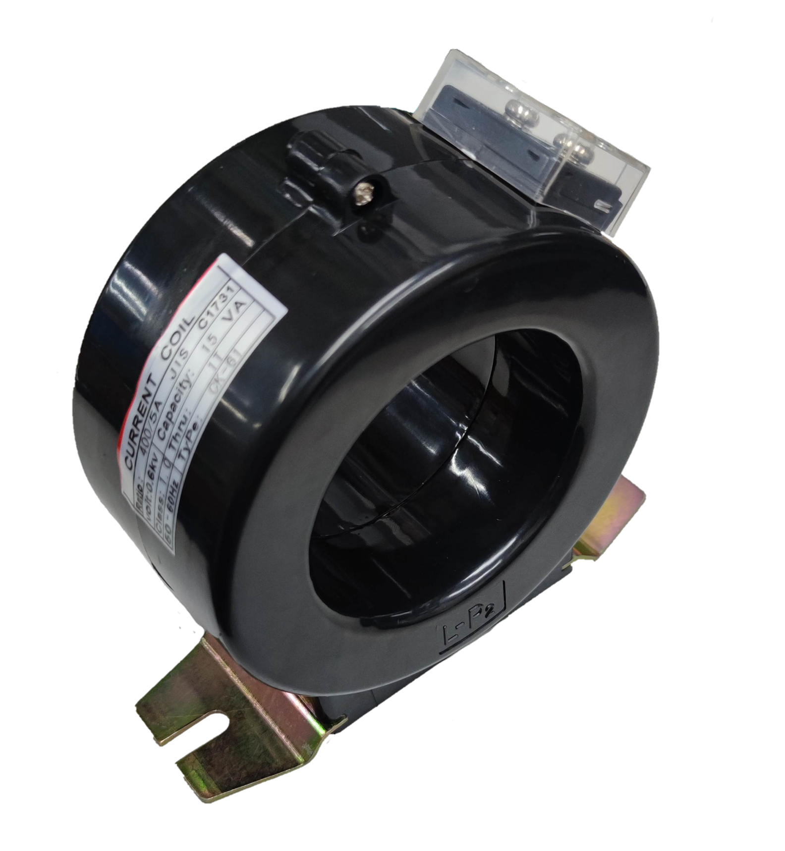CK-61 Current Transformer 400:5 15VA black round electrical component with metal mounting bracket