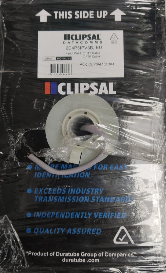 Clipsal CAT5e UTP LAN Cable 100 Meters black spool with clear packaging and product label