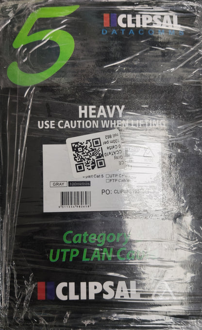 Clipsal CAT5e UTP LAN Cable 100 Meters package black with heavy lifting caution label