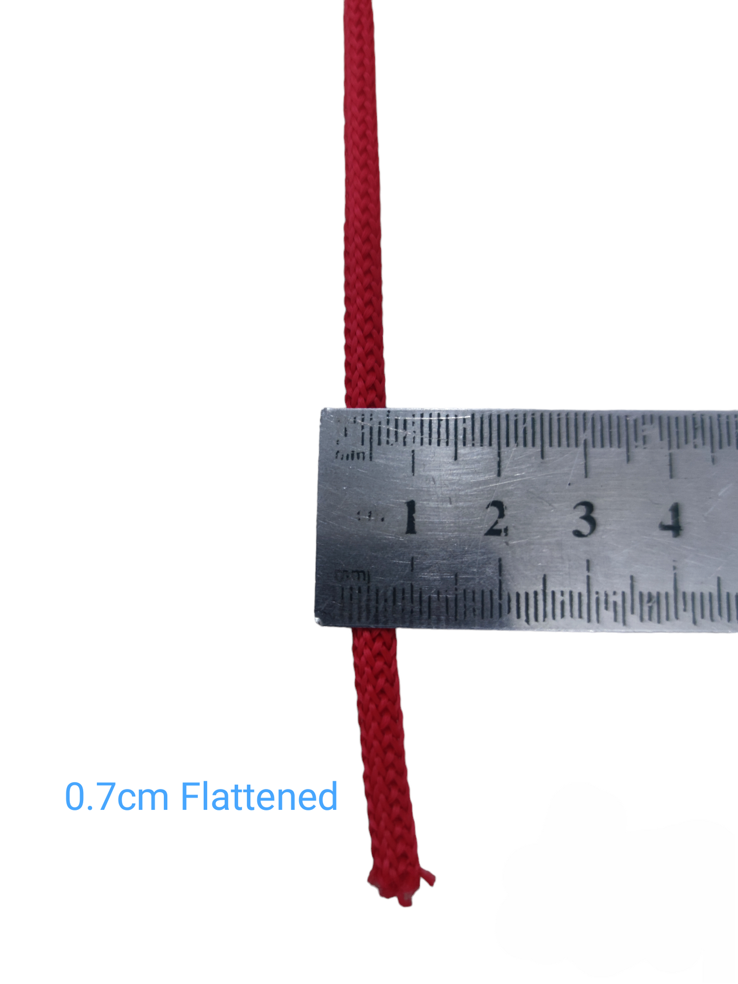 Red cloth rope measured with metal ruler showing 0.7 cm width for Cloth Rope - Per Meter