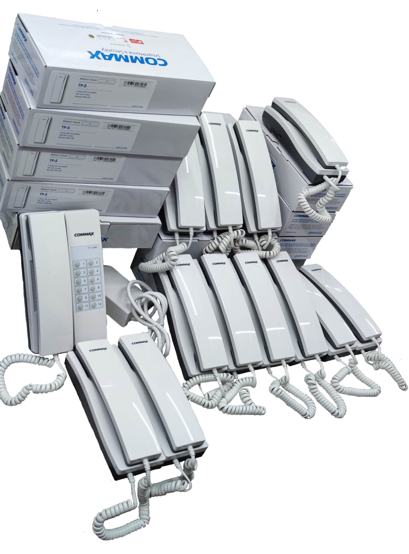 Commax 12 Station Intercom System 1 Master with multiple white handset units and packaging boxes