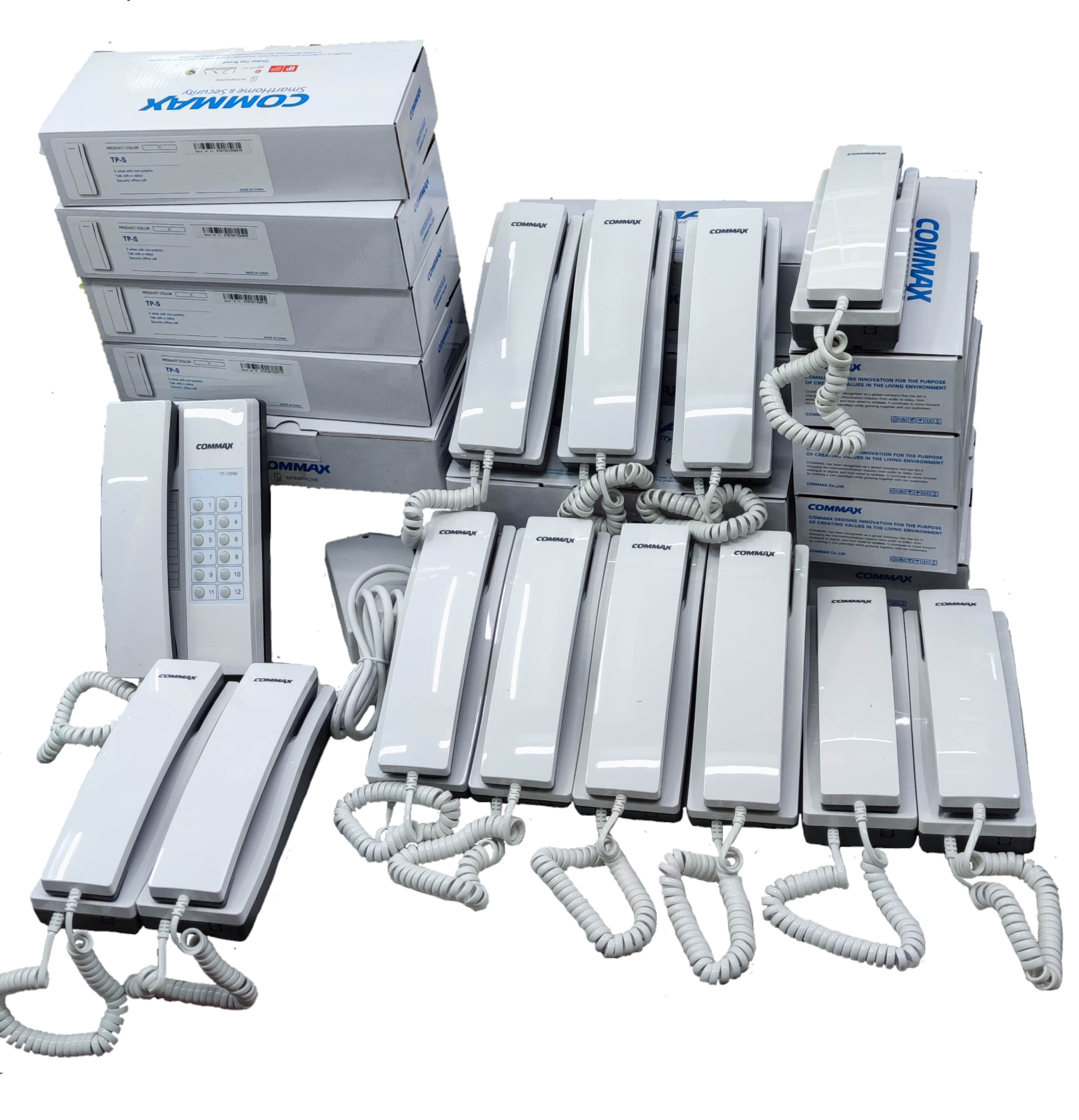 Commax 12 Station Intercom System 1 Master with multiple white intercom handsets and boxes