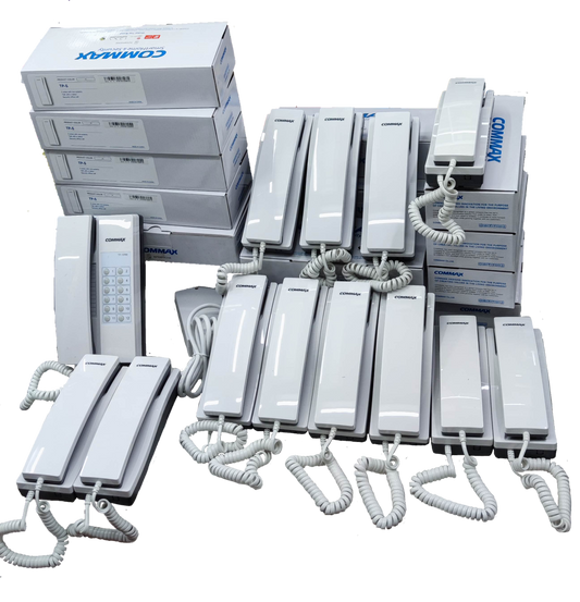 Commax 12 Station Intercom System 1 Master with multiple white intercom handsets and boxes