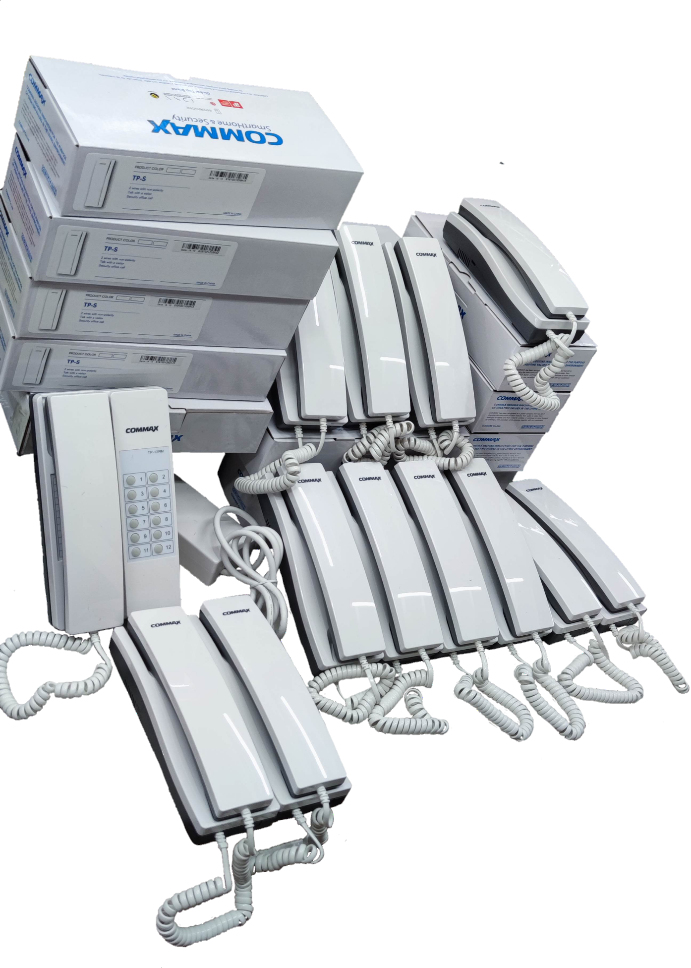 Commax 12 Station Intercom System 1 Master with multiple white wall-mounted handsets and original packaging