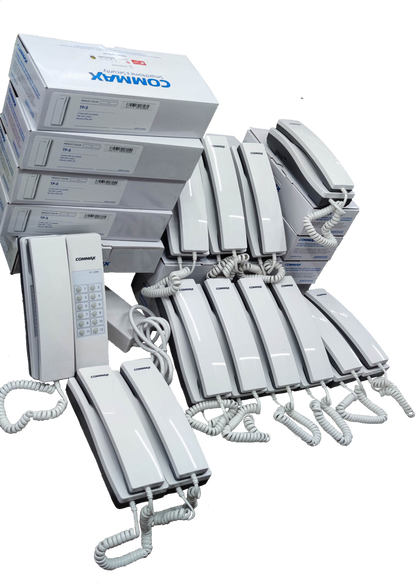 Commax 12 Station Intercom System 1 Master with multiple white wall-mounted handsets and original packaging