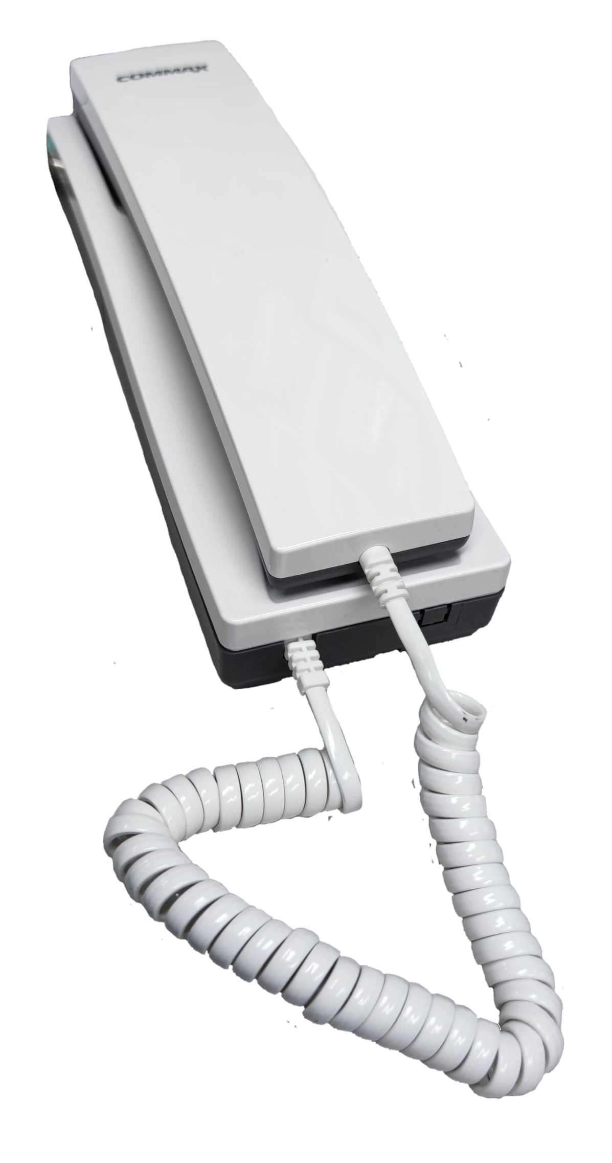 Commax 12 Station Intercom System 1 Master white wall-mounted handset with coiled cord for security communication