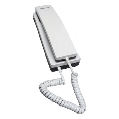White phone with coiled cord on a white background Commax 30 Station Intercom System CLS-10 Expandable With Handset T06 with Expand Unit CLS-10T(L) with Expand Unit CLS-10T(R) and 30pcs Sub-Station , 1pc CLS-10 + 1pc CLS-10T(L) + 1pc CLS-10T(R) + 30pcs TP-S + 1pc T06