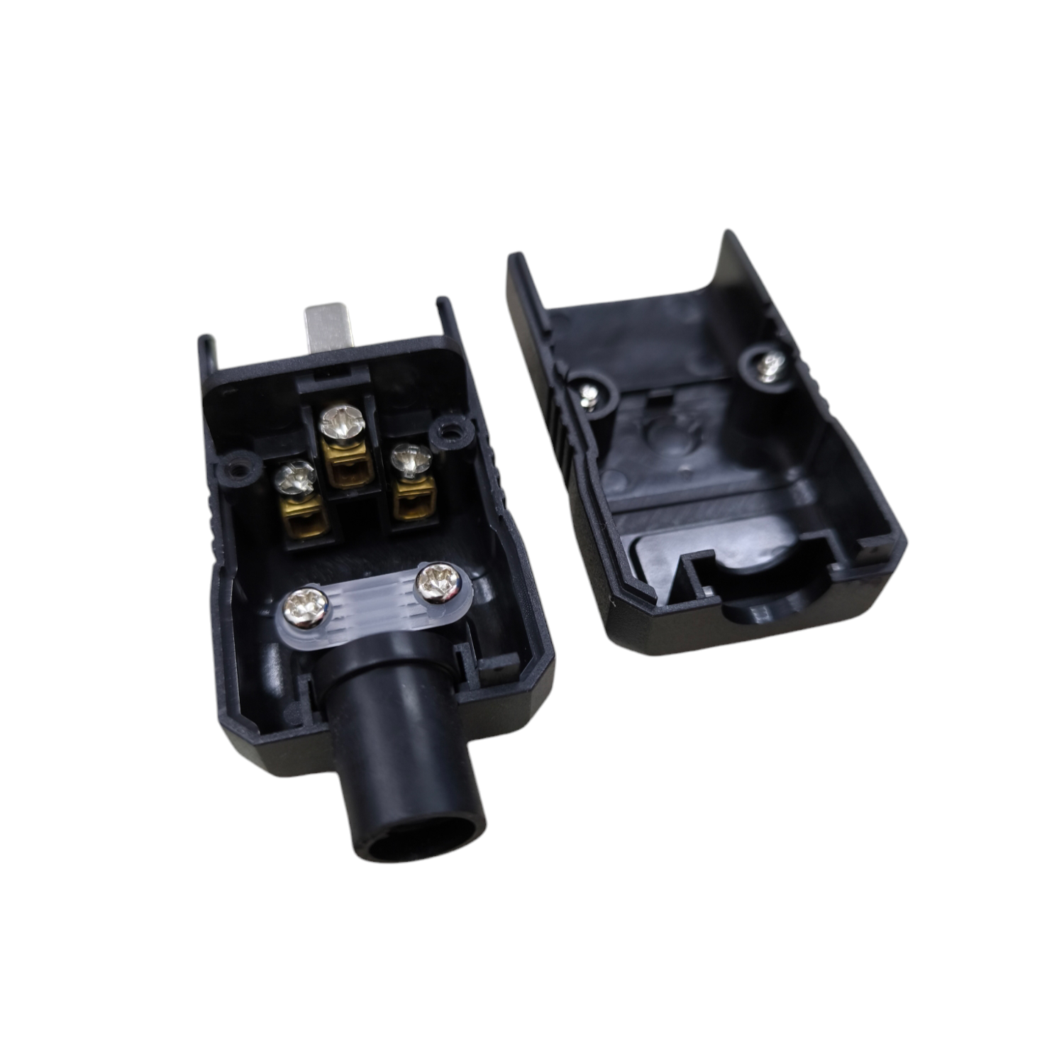 Computer Power Plug C20 in black with open casing revealing internal connection points and terminals