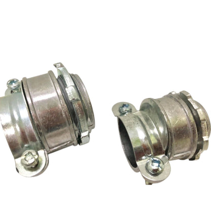 Flexible Straight Connector 38mm metal conduit coupling pair with mounting tabs and screws zinc plated