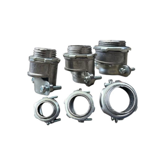 Flexible Straight Connector 38mm metal conduit connectors set showing three angled and three straight fittings for piping